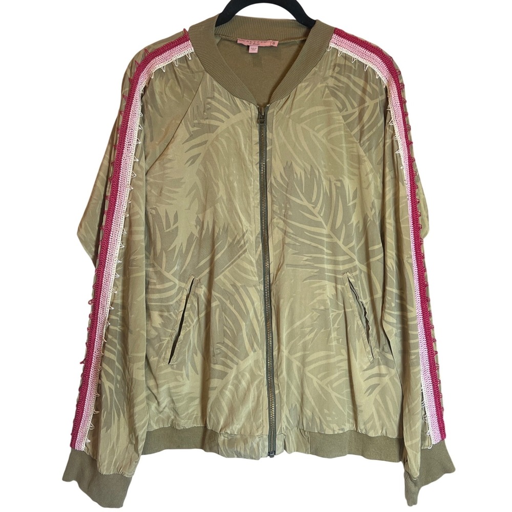 Calypso St Barth Silk Bomber Jacket Womens S Green Palm Print Crochet Stripe Zip